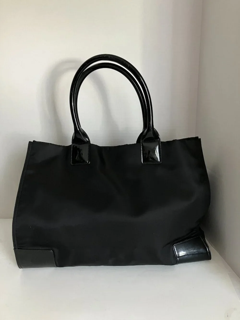 Tory Burch Black Ella Patent-Trim Nylon Tote Purse Large.